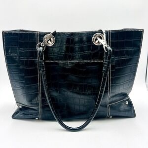 Wilson's Leather Satchel Tote Bag Black Croc with Leopard Interior Double Handle